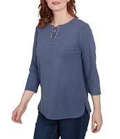 Ruby Rd. Knit 3/4 Sleeve Split V-Neck Lacing Rib Top