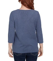 Ruby Rd. Knit 3/4 Sleeve Split V-Neck Lacing Rib Top