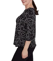 Ruby Rd. Knit Abstract Heart Dew Drop Accents Scoop Neck 3/4 Sleeve Top