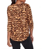 Ruby Rd. Knit Animal Print Keyhole Ring Detail 3/4 Sleeve Dew Drop Accent Top