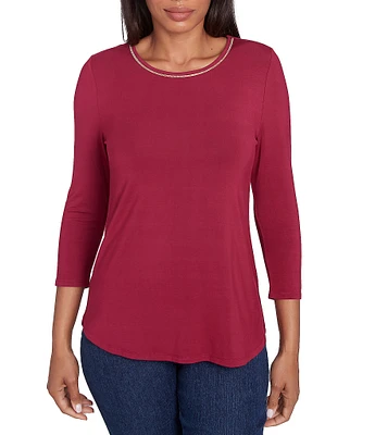 Ruby Rd. Knit Beaded Embellished Scoop Neck 3/4 Sleeve Top