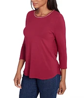 Ruby Rd. Knit Beaded Embellished Scoop Neck 3/4 Sleeve Top