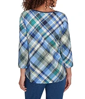 Ruby Rd. Knit Bias Plaid Print Boat Neck 3/4 Sleeve Top