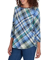 Ruby Rd. Knit Bias Plaid Print Boat Neck 3/4 Sleeve Top