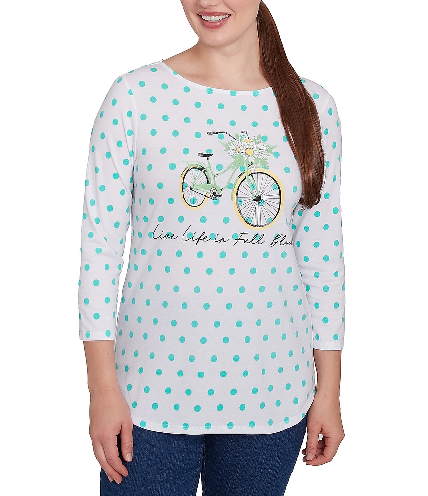 Ruby Rd. Knit Bicycle Floral Polka Dots Crew Neck 3/4 Sleeve Knit Top