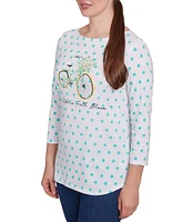 Ruby Rd. Knit Bicycle Floral Polka Dots Crew Neck 3/4 Sleeve Knit Top