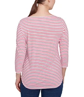 Ruby Rd. Knit Bicycle Floral Striped Crew Neck 3/4 Sleeve Knit Top