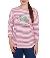 Ruby Rd. Knit Bicycle Floral Striped Crew Neck 3/4 Sleeve Knit Top