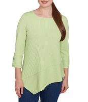 Ruby Rd. Knit Cable Stripe Square Neck 3/4 Sleeve Asymmetric Hem Top