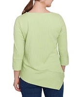 Ruby Rd. Knit Cable Stripe Square Neck 3/4 Sleeve Asymmetric Hem Top