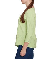 Ruby Rd. Knit Cable Stripe Square Neck 3/4 Sleeve Asymmetric Hem Top