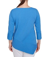 Ruby Rd. Knit Cable Stripe Square Neck 3/4 Sleeve Asymmetric Hem Top