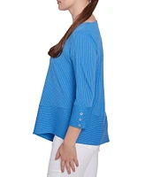 Ruby Rd. Knit Cable Stripe Square Neck 3/4 Sleeve Asymmetric Hem Top