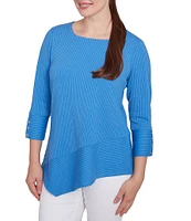 Ruby Rd. Knit Cable Stripe Square Neck 3/4 Sleeve Asymmetric Hem Top