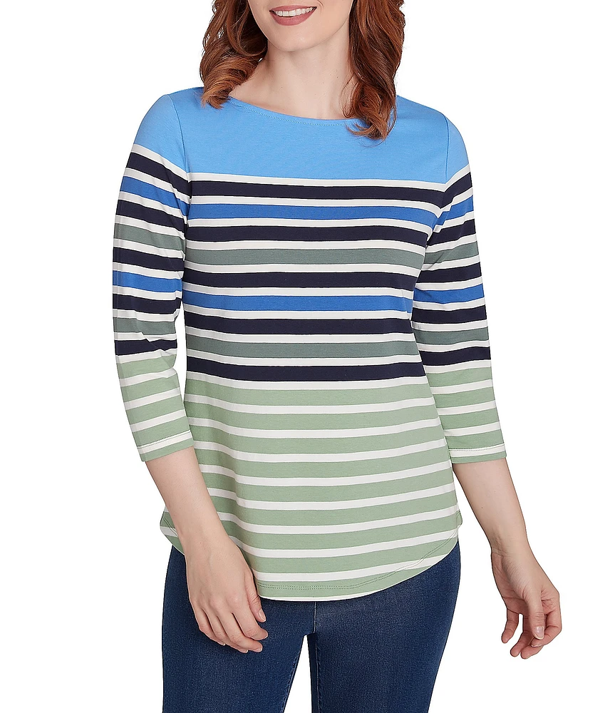 Ruby Rd. Knit Chalet Stripe Print Boat Neck 3/4 Sleeve Top