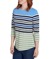 Ruby Rd. Knit Chalet Stripe Print Boat Neck 3/4 Sleeve Top