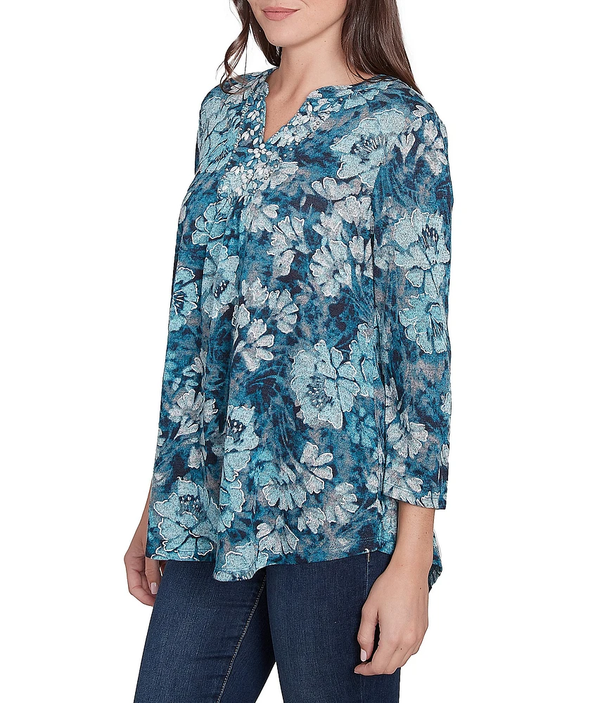 Ruby Rd. Knit Embellished Bib Wintery Blues Floral Banded Collar 3/4 Sleeve Top