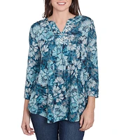 Ruby Rd. Knit Embellished Bib Wintery Blues Floral Banded Collar 3/4 Sleeve Top