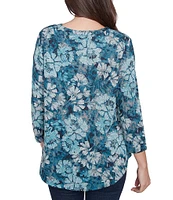 Ruby Rd. Knit Embellished Bib Wintery Blues Floral Banded Collar 3/4 Sleeve Top