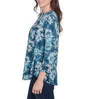 Ruby Rd. Knit Embellished Bib Wintery Blues Floral Banded Collar 3/4 Sleeve Top