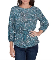 Ruby Rd. Knit Embellished Paisley Scoop Neck 3/4 Bishop Sleeve Front Twist Hem Top