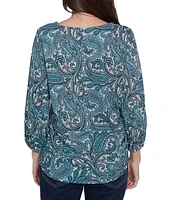 Ruby Rd. Knit Embellished Paisley Scoop Neck 3/4 Bishop Sleeve Front Twist Hem Top