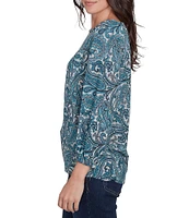 Ruby Rd. Knit Embellished Paisley Scoop Neck 3/4 Bishop Sleeve Front Twist Hem Top