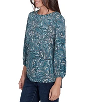 Ruby Rd. Knit Embellished Paisley Scoop Neck 3/4 Bishop Sleeve Front Twist Hem Top