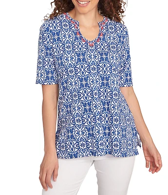 Ruby Rd. Knit Embellished Printed Split Round Neck Short Sleeve Top