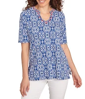 Ruby Rd. Knit Embellished Printed Split Round Neck Short Sleeve Top