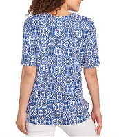 Ruby Rd. Knit Embellished Printed Split Round Neck Short Sleeve Top