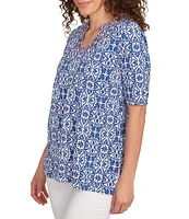 Ruby Rd. Knit Embellished Printed Split Round Neck Short Sleeve Top