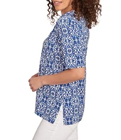 Ruby Rd. Knit Embellished Printed Split Round Neck Short Sleeve Top