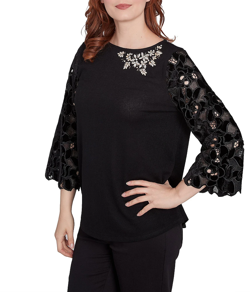 Ruby Rd. Knit Embellished Scoop Neck 3/4 Lace Sleeve Top