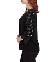 Ruby Rd. Knit Embellished Scoop Neck 3/4 Lace Sleeve Top