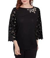 Ruby Rd. Knit Embellished Scoop Neck 3/4 Lace Sleeve Top