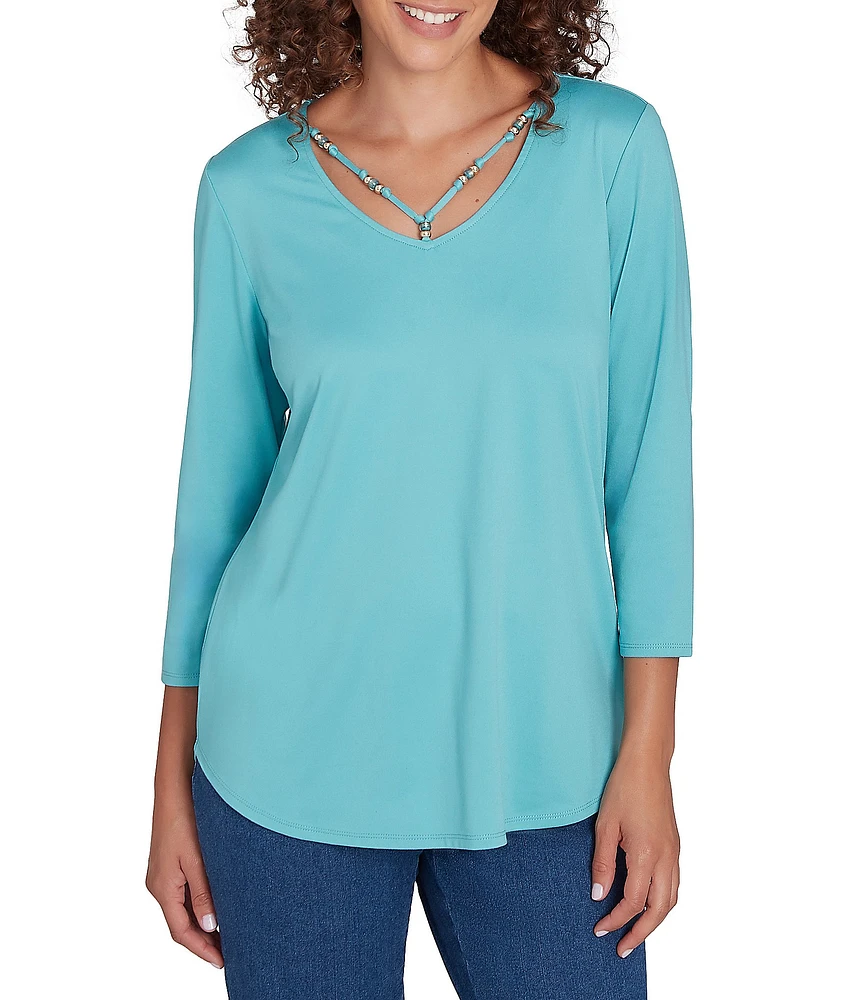 Ruby Rd. Knit Embellished Scoop Neck 3/4 Sleeve Solid Top