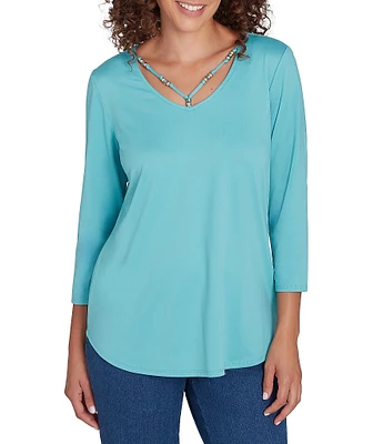 Ruby Rd. Knit Embellished Scoop Neck 3/4 Sleeve Solid Top