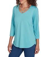 Ruby Rd. Knit Embellished Scoop Neck 3/4 Sleeve Solid Top