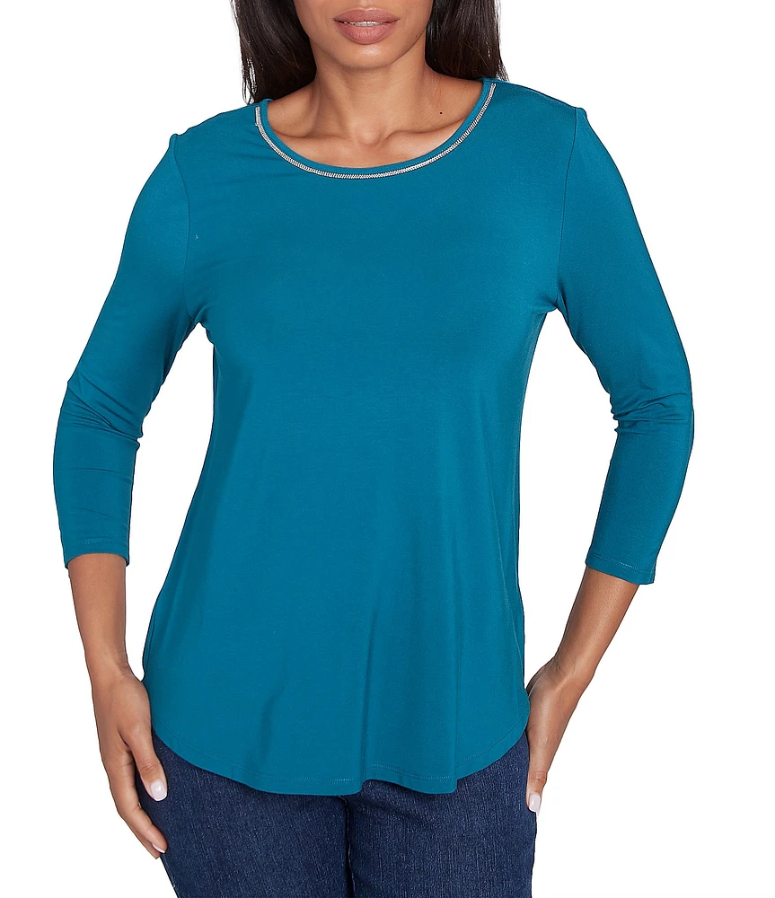 Ruby Rd. Knit Embellished Scoop Neck 3/4 Sleeve Stretch Top