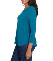 Ruby Rd. Knit Embellished Scoop Neck 3/4 Sleeve Stretch Top