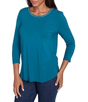 Ruby Rd. Knit Embellished Scoop Neck 3/4 Sleeve Stretch Top