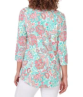 Ruby Rd. Knit Embroidered Rainforest Parrot Horseshoe Neck 3/4 Sleeve Top