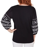 Ruby Rd. Knit Embroidered Y-Neck 3/4 Balloon Sleeve Top