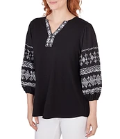 Ruby Rd. Knit Embroidered Y-Neck 3/4 Balloon Sleeve Top