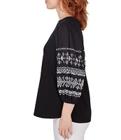 Ruby Rd. Knit Embroidered Y-Neck 3/4 Balloon Sleeve Top