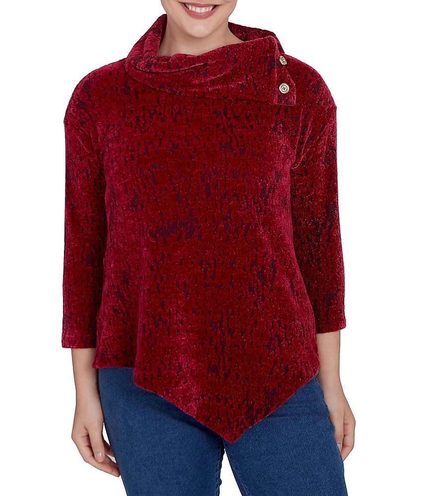 Ruby Rd. Knit Faux Fois Bois Print Split Cowl Neck 3/4 Sleeve Asymmetric Hem Sweater