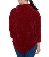 Ruby Rd. Knit Faux Fois Bois Print Split Cowl Neck 3/4 Sleeve Asymmetric Hem Sweater