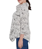 Ruby Rd. Knit Faux Fois Bois Print Split Cowl Neck 3/4 Sleeve Asymmetric Hem Sweater