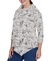 Ruby Rd. Knit Faux Fois Bois Print Split Cowl Neck 3/4 Sleeve Asymmetric Hem Sweater